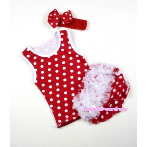 White Ruffles Hot Red White Polka Dots Panties Bloomers with Matching Minnie Dots Tank Top & Red Headband Minnie Dots Bow 3PC Set CM09 